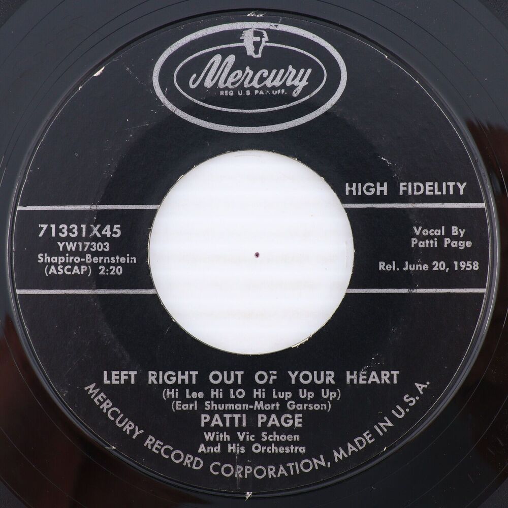 Patti Page w/ Vic Schoen - Left Right Out Of Your Heart 1958 45rpm Record 71331